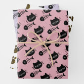 Meow Black Kitty Cat Fishbone Pattern Pink Inpakpapier Vel (In situ)