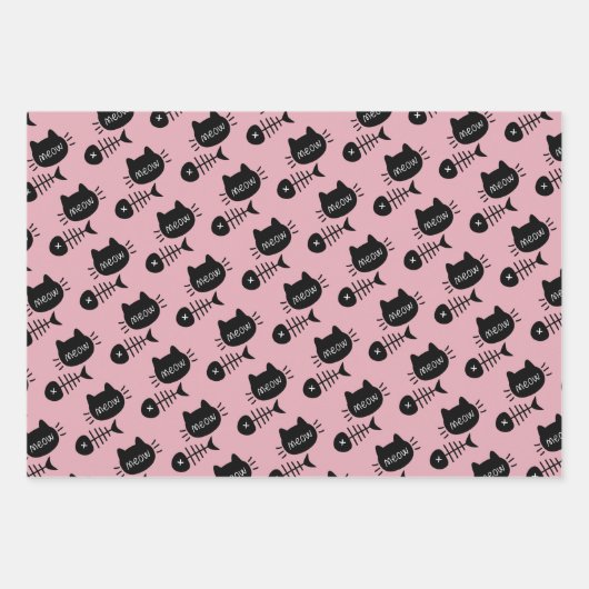 Meow Black Kitty Cat Fishbone Pattern Pink Inpakpapier Vel (Voorkant)