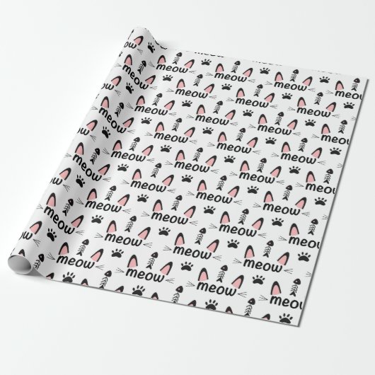 Meow Cat Ears en Pawprints Cadeaupapier (Uitgerold)