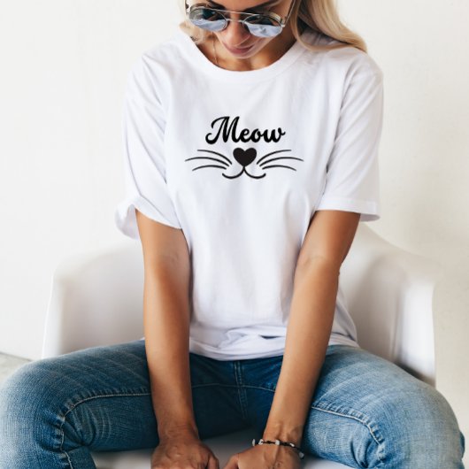Meow Cat Mustache Nose Heart Funny Minimalist T-shirt