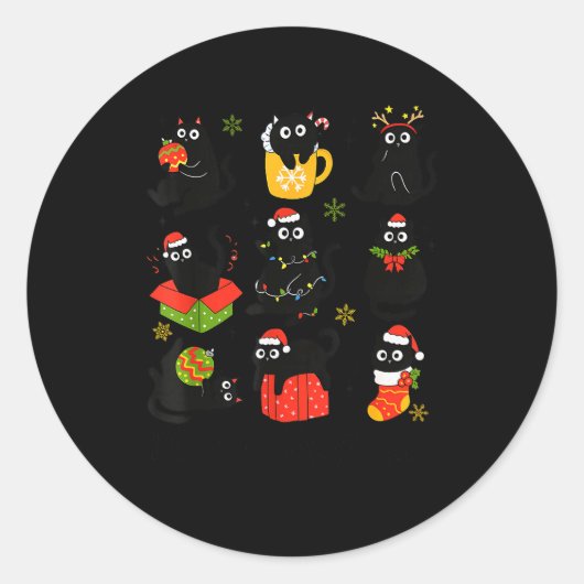 Meow Christmas Xmas Lights Black Cat Pajamas Famil Ronde Sticker (Voorkant)