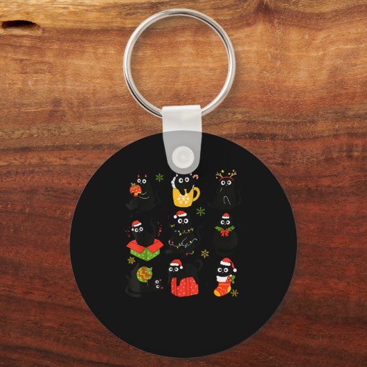 Meow Christmas Xmas Lights Black Cat Pajamas Famil Sleutelhanger (Voorkant)