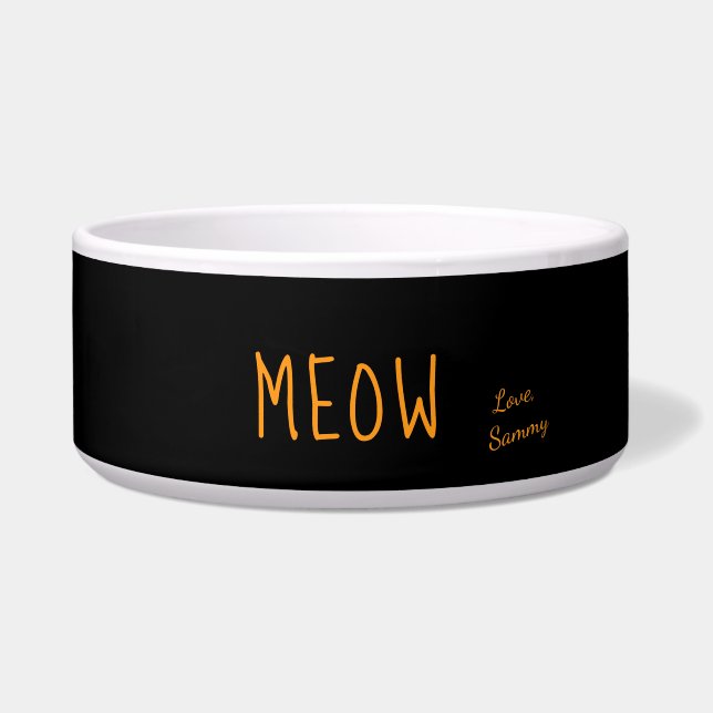 Meow Cute Text Black & Yellow Personal Pet Voerbakje (Voorkant)