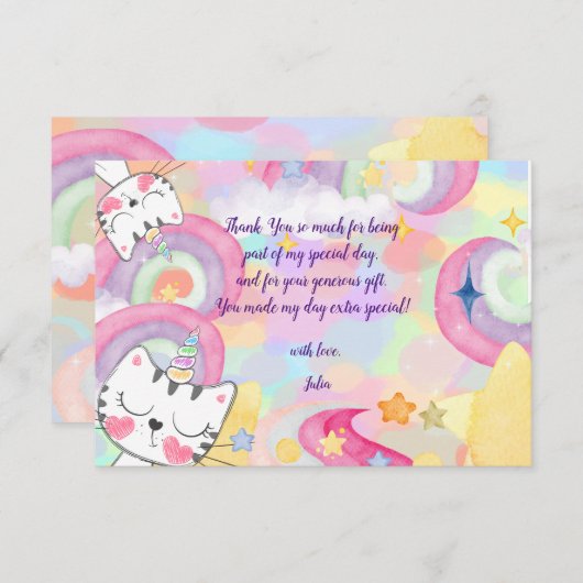Meow-gische caticorn regenboogkinderen verjaardag  bedankkaart (Voorkant / Achterkant)