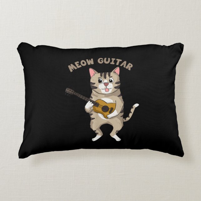 Meow Guitar Cute Cat Plays Guitar Funny Katten Accent Kussen (Voorkant)