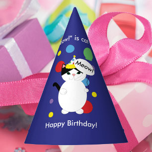 Meow is Cat Happy Birthday Zwart-wit Kat Feesthoedjes