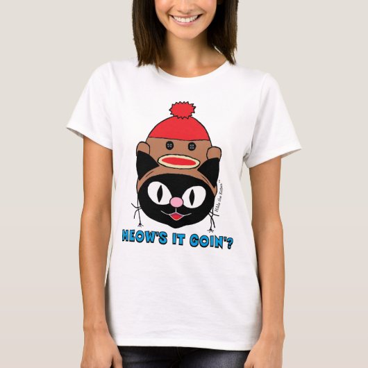 MEOW IS HET GOIN? Black Cat met socket-Pet T-shirt (Voorkant)