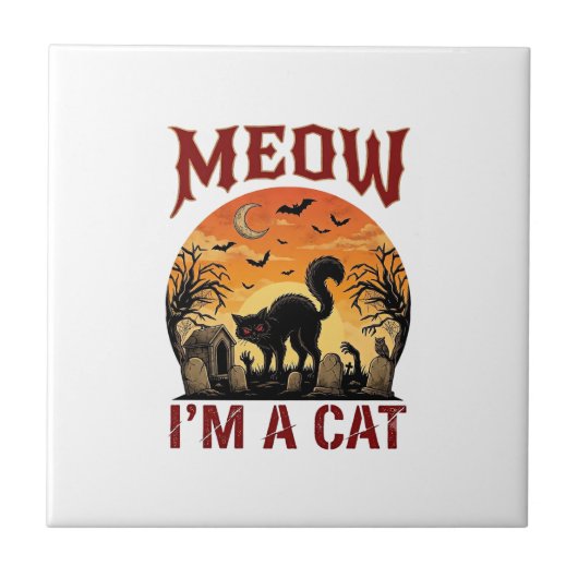 Meow Kat Halloween Zwarte Begraafplaats_1 Tegeltje (Voorkant)