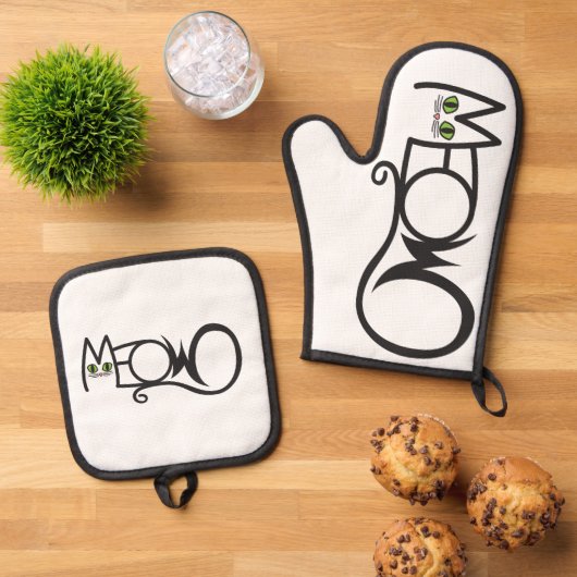 Meow Kattentypografie Ovenwant & Pannenlap Set (Top down)