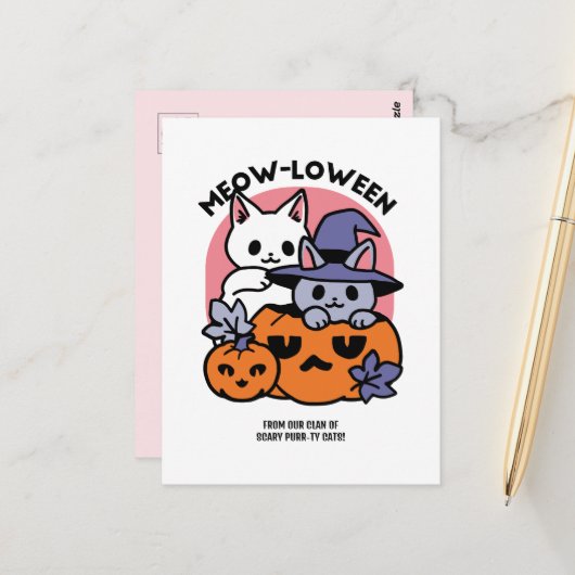 Meow-Loween - Schattige Halloween Cat Design Briefkaart (Voorkant / Achterkant in situ)