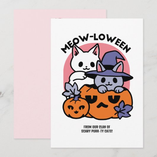 Meow-Loween - Schattige Halloween Cat Design Feestdagenkaart (Voorkant / Achterkant)