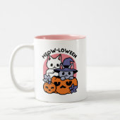 Meow-Loween - Schattige Halloween Cat Design Tweekleurige Koffiemok (Links)