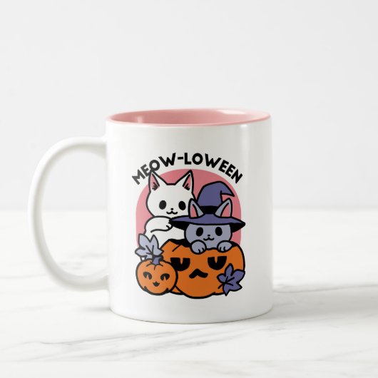 Meow-Loween - Schattige Halloween Cat Design Tweekleurige Koffiemok (Links)