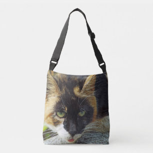 MEOW! LT.BROWN, BLACK & WHITE GREEN EYED CAT" CROSSBODY TAS