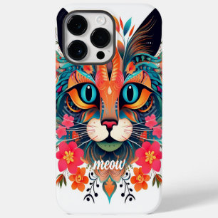 Meow Mania: Rood Blauwe Bloemige Mopshond Kat iPhone 14 Pro Max Hoesje