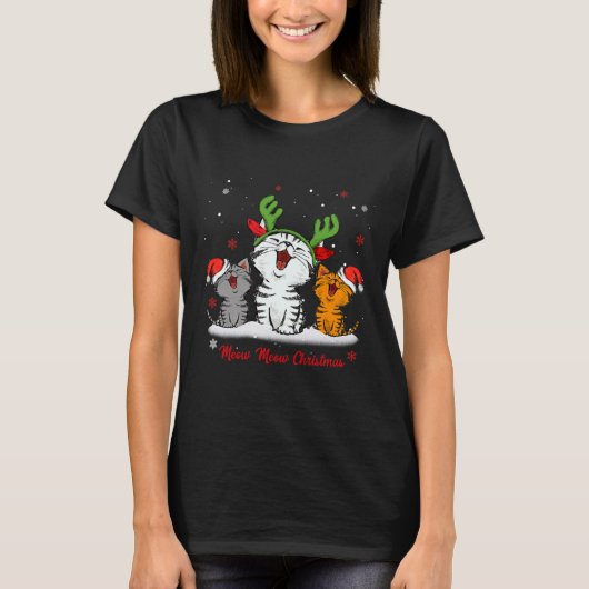 Meow Meow Christmas Cat Wear Reindeer T-shirt (Voorkant)