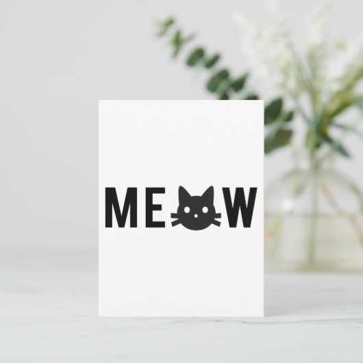 Meow, met zwart kattengezicht, tekstontwerp briefkaart (Staand voorkant)