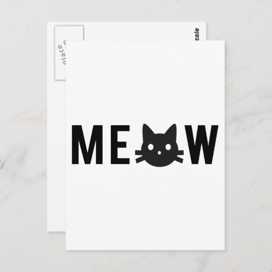 Meow, met zwart kattengezicht, tekstontwerp briefkaart (Voorkant / Achterkant)