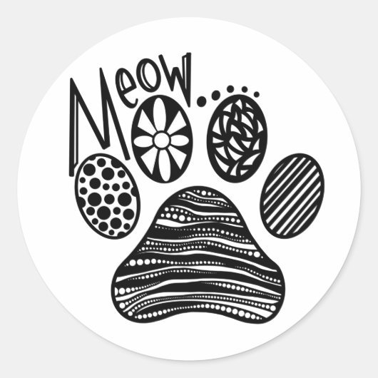 MEOW Paw Print Zwart-wit Ronde Sticker (Voorkant)