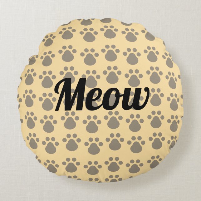 Meow, Paw Prints Rond Kussen (Voorkant)