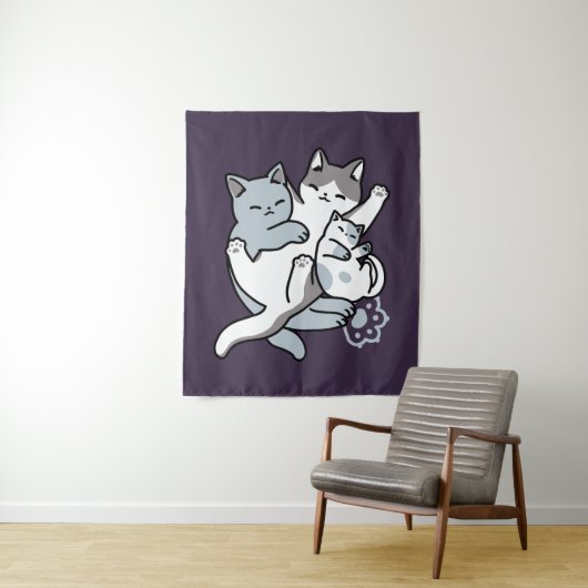 Meow Pounce Snuggle – Schattigee slapende katten Wandkleed (In situ)
