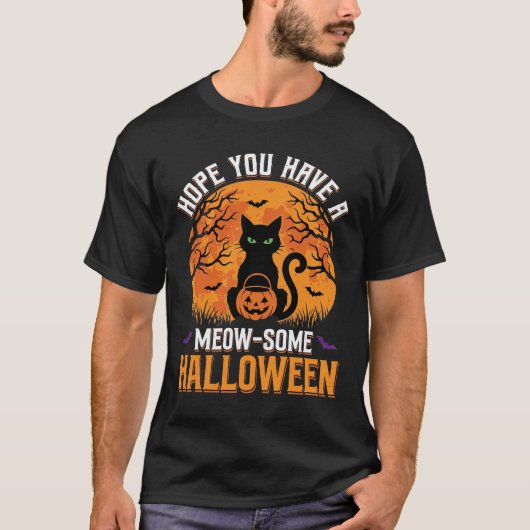 Meow-Some Halloween Zwarte Kat T-shirt (Voorkant)