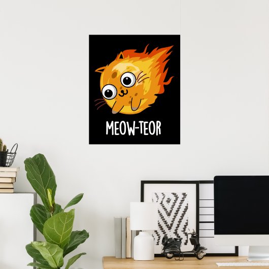 Meow-teor Funny Meteor Pun Dark BG Poster (Thuiskantoor)