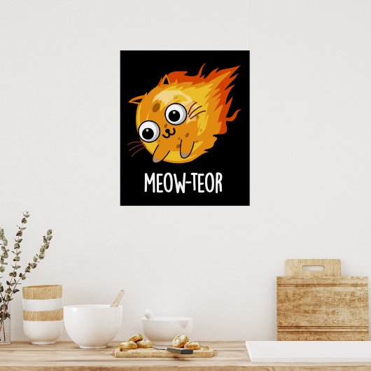Meow-teor Funny Meteor Pun Dark BG Poster (Keuken)