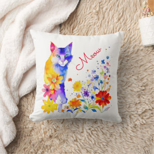 Meow Waterverf Kat en Bloemen Kussen