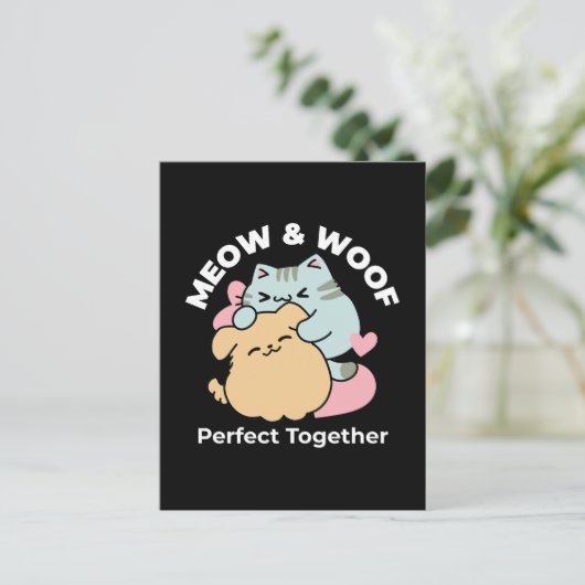 Meow & Woof Perfect Together - Schattigee kat en h Briefkaart (Staand voorkant)