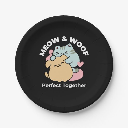 Meow & Woof Perfect Together - Schattigee kat en h Papieren Bordje (Voorkant)