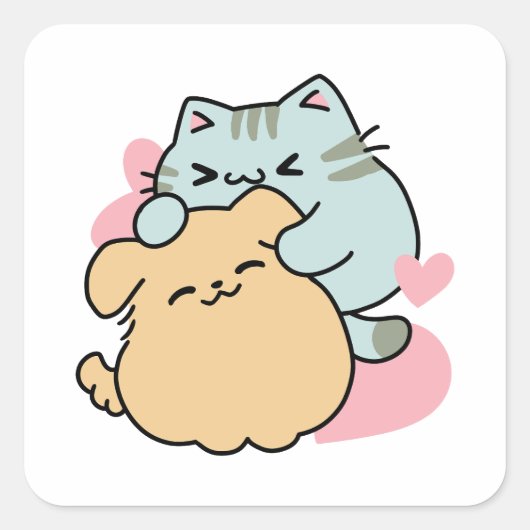Meow & Woof Perfect Together - Schattigee kat en h Vierkante Sticker (Voorkant)