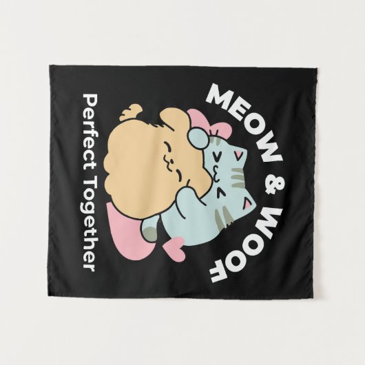 Meow & Woof Perfect Together - Schattigee kat en h Wandkleed (Voorkant (horizontaal))