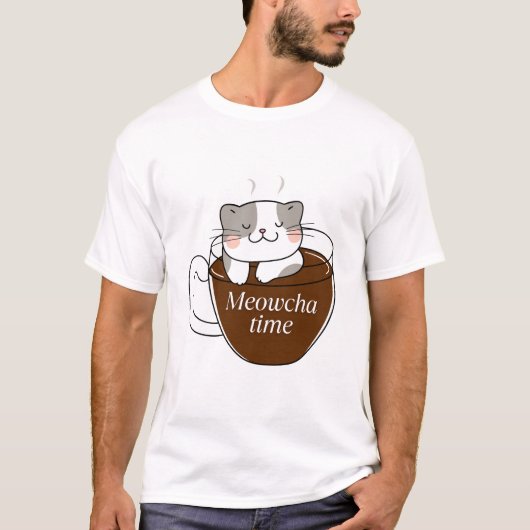 Meowcha Time Cat in het ontwerp van de koffiebeker T-shirt (Voorkant)