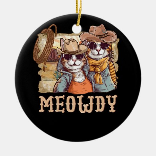 Meowdy Cat Funny Howdy Meme Western Amerikaans Cow Keramisch Ornament (Voorkant)