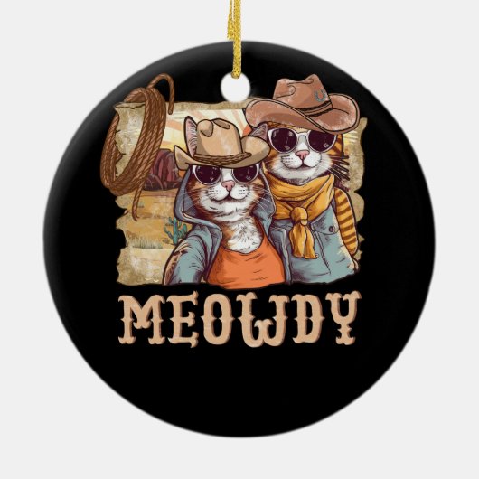 Meowdy Cat Funny Howdy Meme Western Amerikaans Cow Keramisch Ornament (Achterkant)