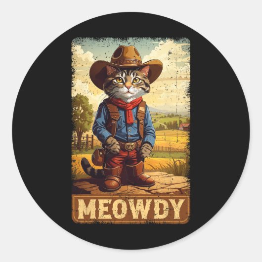 Meowdy Funny Country Side Cat Pet  Cowboy C Ronde Sticker (Voorkant)