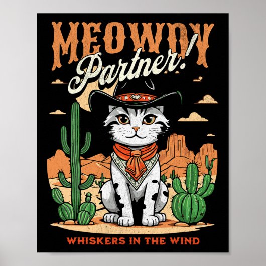 Meowdy Partner Cowboy Cat  Cartoon Funny Poster (Voorkant)