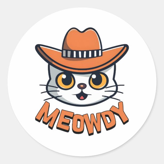 Meowdy. Schattigee Cowboy Cat Cartoon Ronde Sticker (Voorkant)