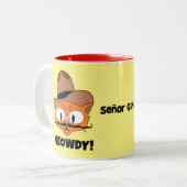 MEOWDY! Senor Gato Cartoon Mustache Cat Tweekleurige Koffiemok (Voorkant links)