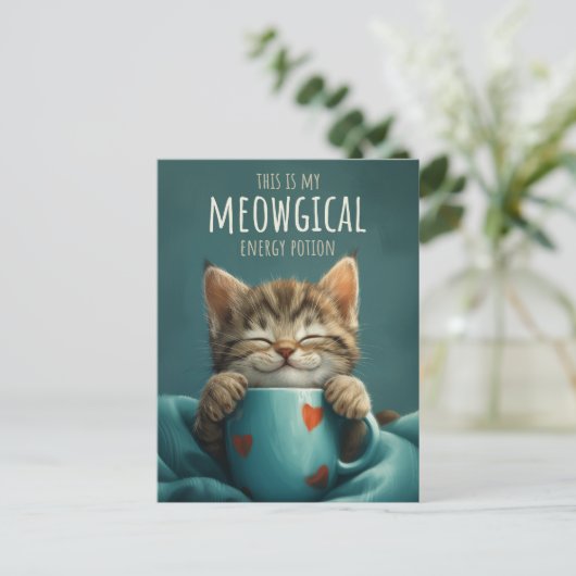 Meowgical Morning, een Schattigee Cat & Coffee Art Briefkaart (Staand voorkant)