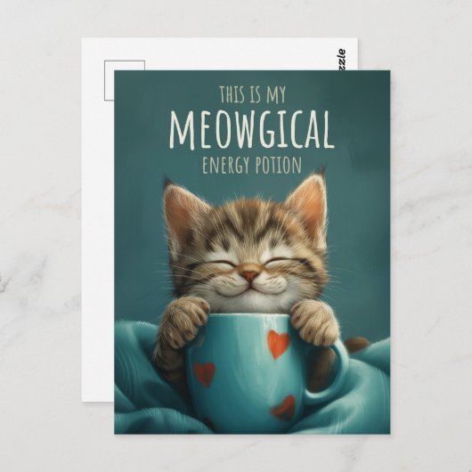 Meowgical Morning, een Schattigee Cat & Coffee Art Briefkaart (Voorkant / Achterkant)