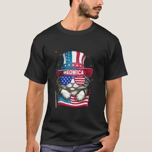 Meowica 4 juli 2024 Cat Amerikaanse vlag USA Fun T-shirt (Voorkant)