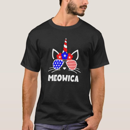 Meowica 4 juli Eenhoorn Kat US vlag Zonnebril T-shirt (Voorkant)