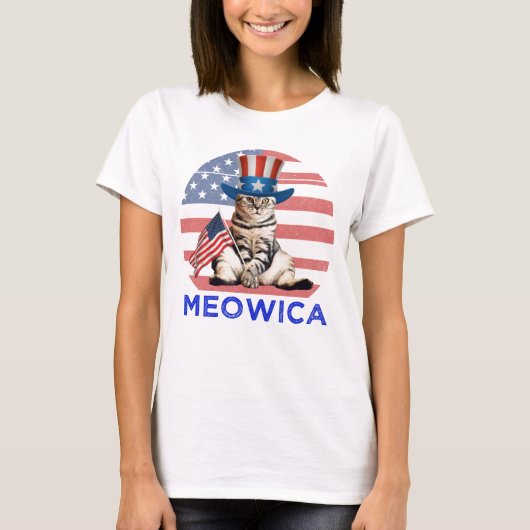 Meowica 4 juli patriottisch Amerikaans kat T-shirt (Voorkant)