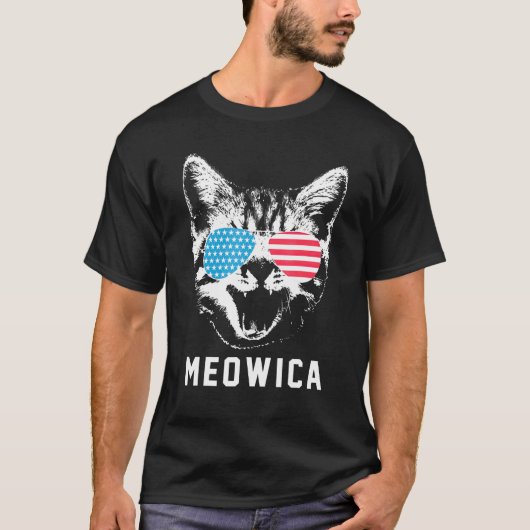 Meowica Cat Animals Sunglasses American Flag 4th O T-shirt (Voorkant)