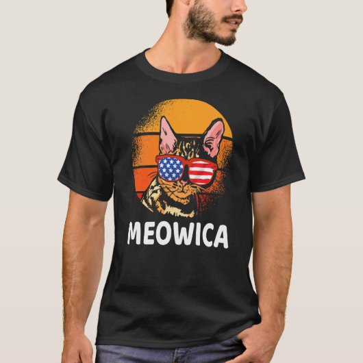 Meowica  Cat Merica US Flag Retro Cat 4th O T-shirt (Voorkant)