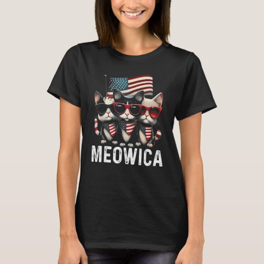 Meowica Cat Sunglasses American Flag 4th of July M T-shirt (Voorkant)