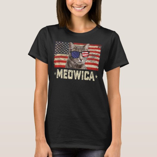Meowica Cat Vierde 4 juli Patriottisch USA Ameri T-shirt (Voorkant)