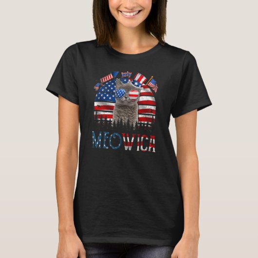 Meowica Cat Vierde 4 juli Patriottisch USA Ameri T-shirt (Voorkant)